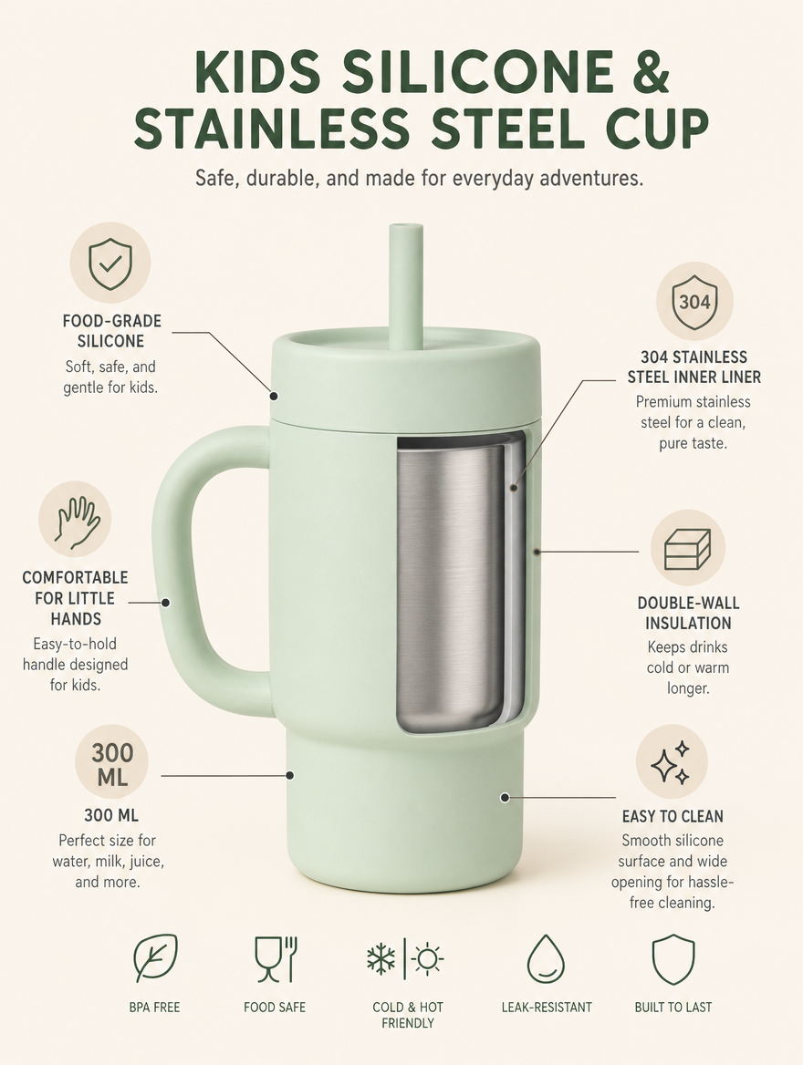 Silicone & Stainless Steel Kids Cup with a Straw | 300ml Insulated Toddler Cup